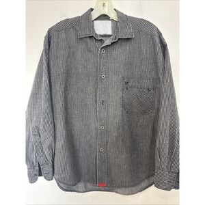 Bonjour Vintage Men's Button Up Shirt Black/Grey Stripes Long Sleeve Size S